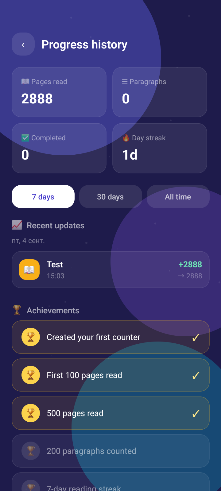 Bookmark Counter progress history screen